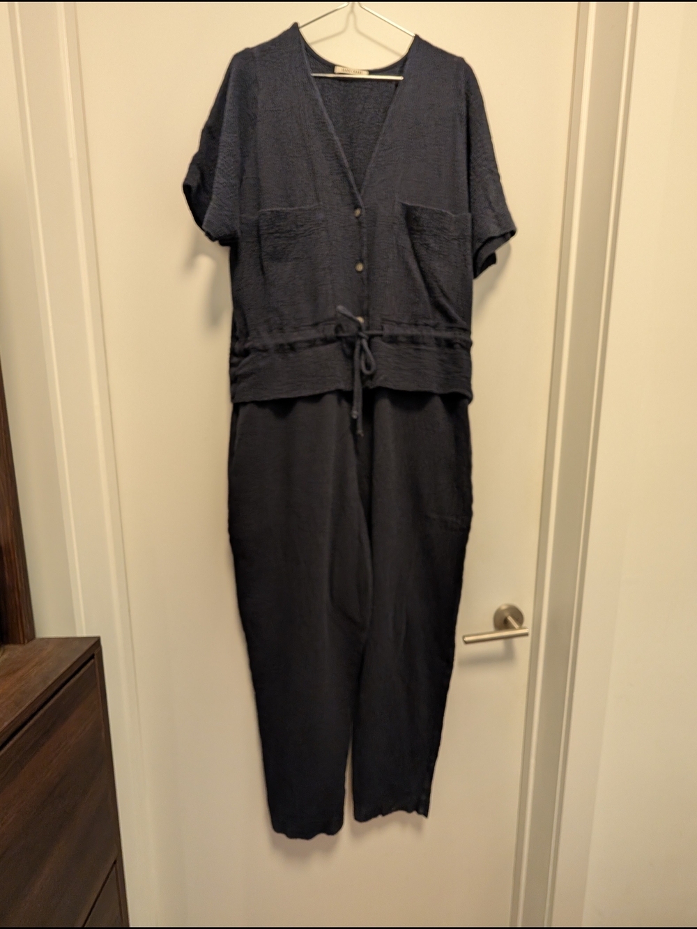 Women’s Navy Short-Sleeve Linen Jumpsuit with Drawstring Waist